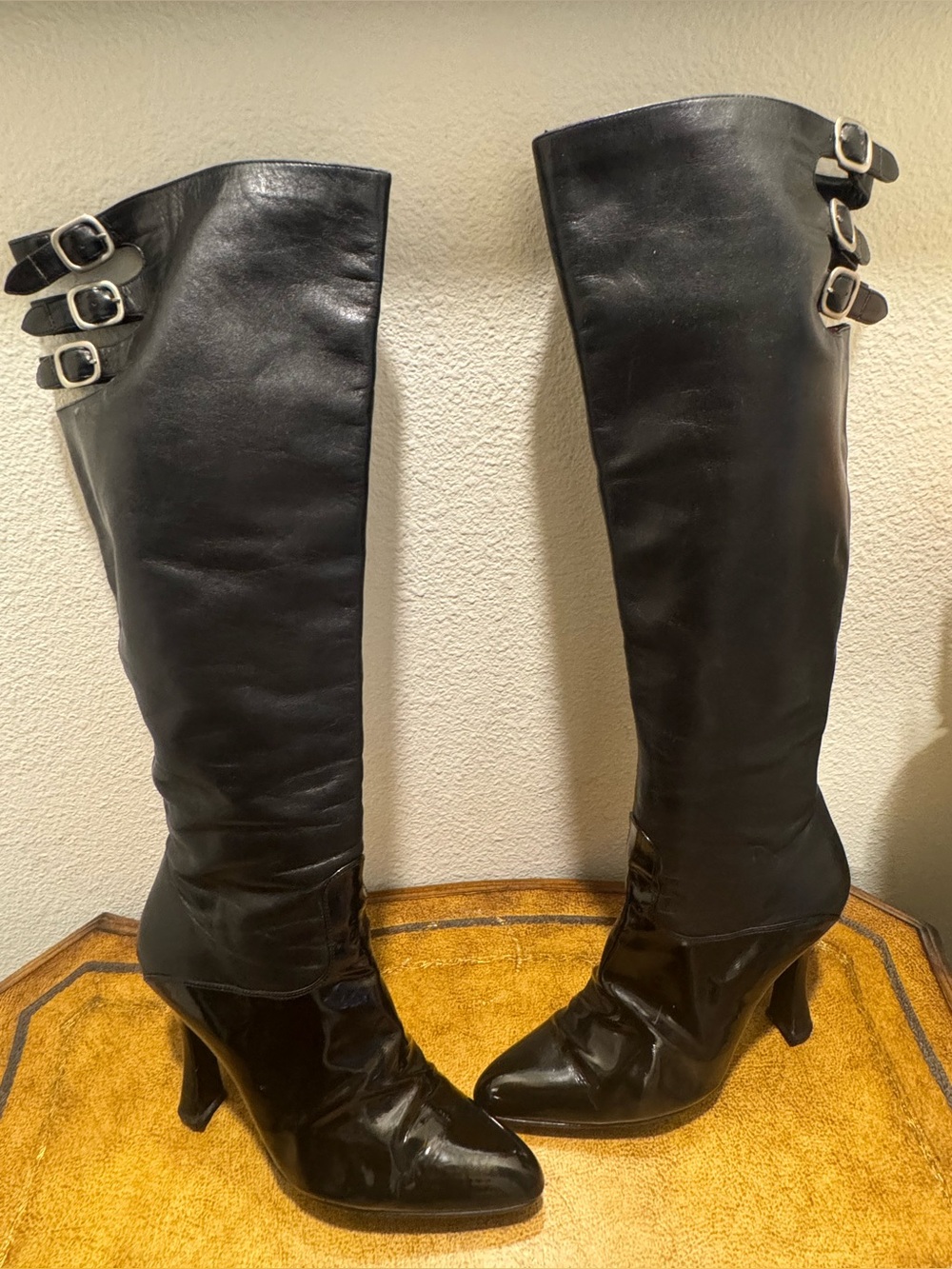 Casadei Black Over-the-Knee Leather Boots with Buckle Straps Size 10